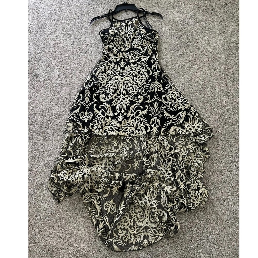 Xtraordinary Embroidered Tulle Dramatic High-Low Dress Black/Gold Size 5